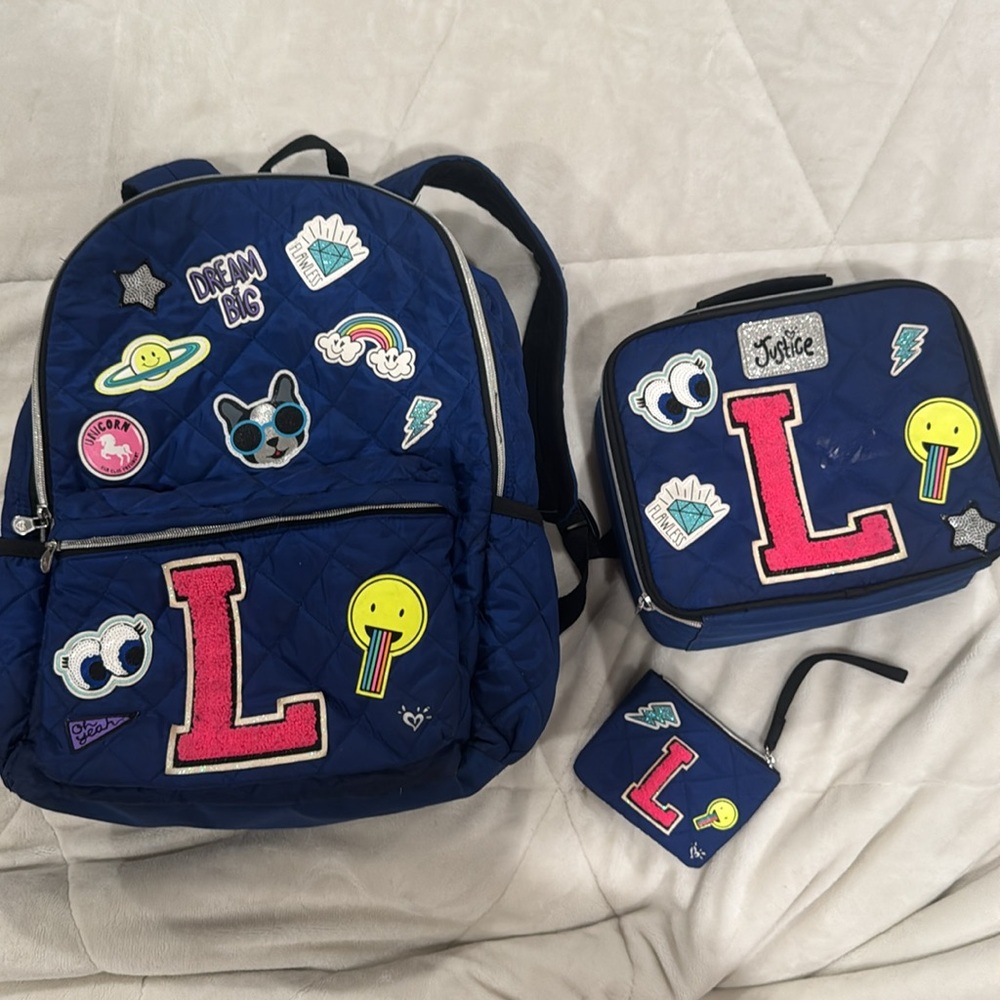Justice Backpack Set Blue 4 pc. Bag, lunchbox, pencil case & wallet initial “L”